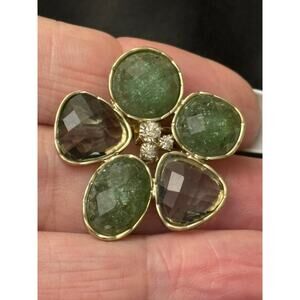 Green Stone Flower Brooch Pin 3g 1” Gold Tone Modern Artisan